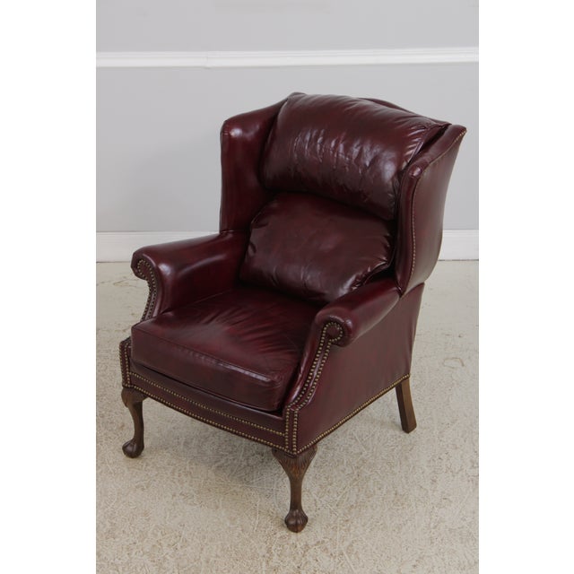 English Pennsylvania House Burgundy Leather Wing Chair For Sale - Image 3 of 16