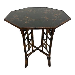 Mid 20th Century Scorched Bamboo Octagonal Side Table With Hand Painted Chinoiserie Scenes For Sale