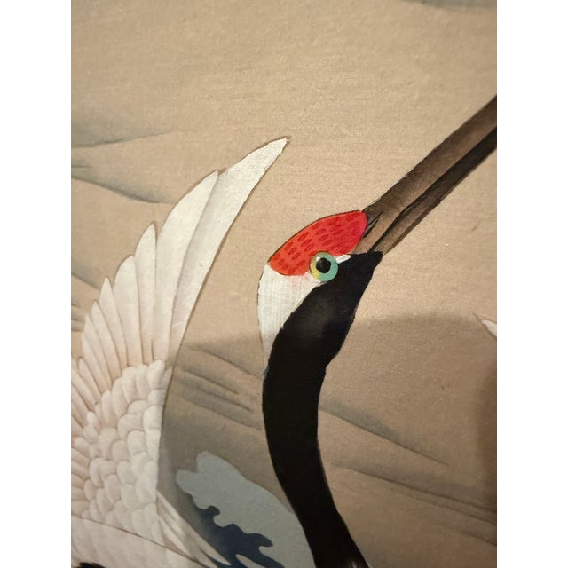 Pair of Vintage Japanese Hand-Painted Silk Crane Paintings, Signed, 45" For Sale - Image 13 of 16