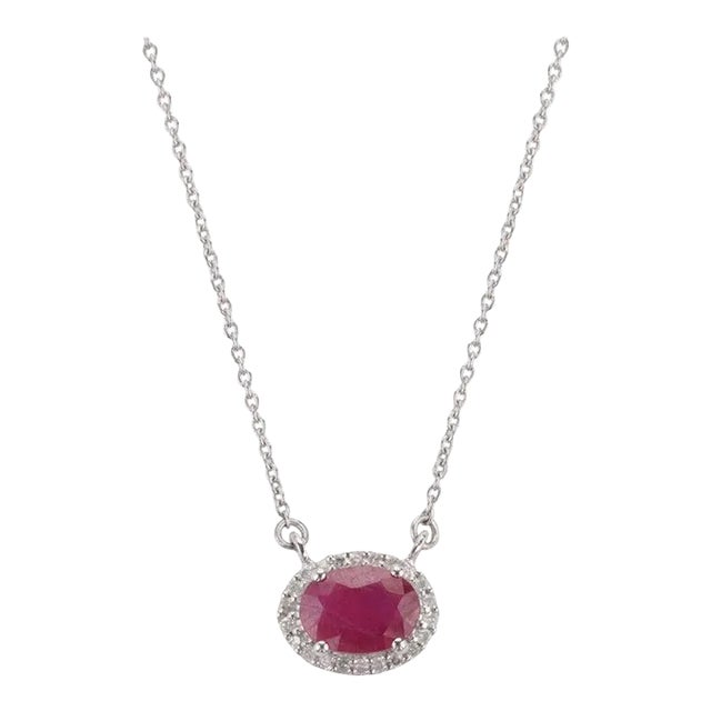 14k Gold Oval Halo Diamond Ruby Birthstone Necklace for Her For Sale