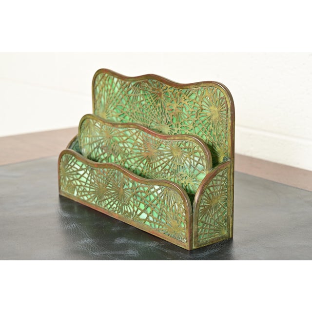 Tiffany Studios New York Pine Needle Bronze and Favrile Slag Glass Letter Rack For Sale - Image 11 of 11