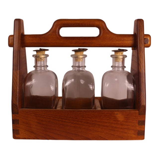 1960s Danish Teak - Spirit Tantalus w/ 3 pc Decanters - 4 pcs For Sale