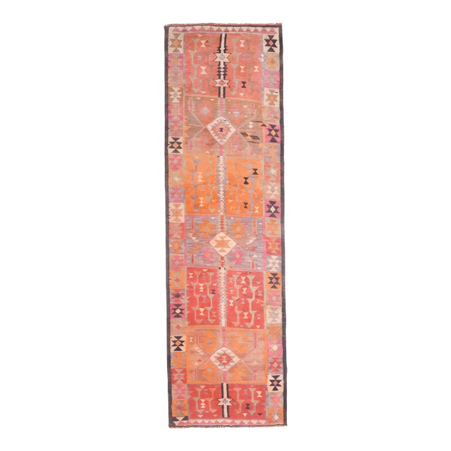 1970s Vintage Turkish Handmade Wool Cotton Orange Runner Rug For Sale