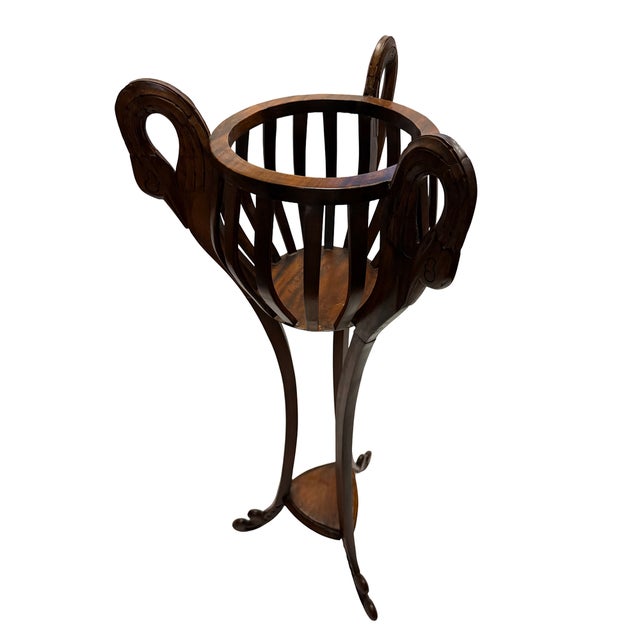 Hollywood Regency Mid-Century Modern Mahogany Jardinière Stand with Carved Swan Handles, 1950s For Sale - Image 3 of 4