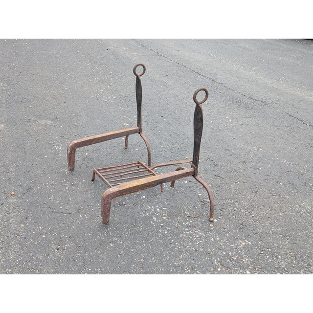 American Early 20th Century Antique Wrought Iron Fireplace Andirons and Grate For Sale - Image 3 of 11