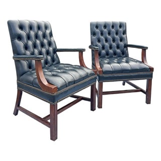 Vintage Chesterfield Tufted Blue Leather Arm Chairs a Pair. English Style With Brass Nailhead Accent's For Sale