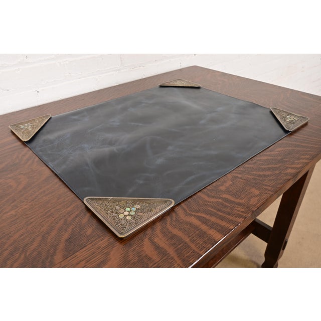 Art Deco Tiffany Studios New York Silvered Bronze and Abalone Blotter Corners With Leather Desk Blotter For Sale - Image 3 of 13