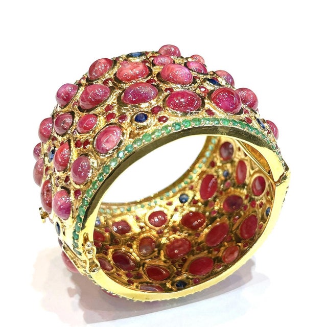 Bochic "Capri" 167 Carat Multi Ruby & Emerald Cuff Set In 18K Gold & Silver Natural Ruby - 167 Carats Natural Emerald - 7...