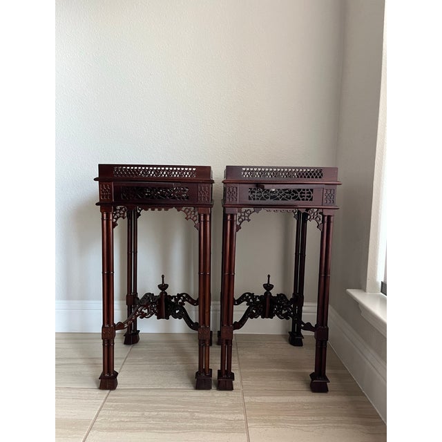 Brown Chinese/Asian Chippendale Style Wood-Carved Fretwork Tea Table and 2 Side Table Set of 3 For Sale - Image 8 of 12