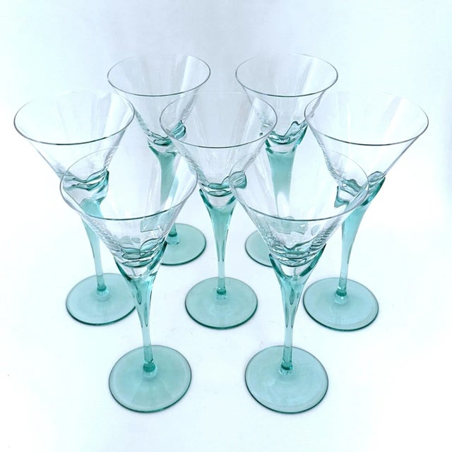 Faceted Glasses With Aqua Stems, Set of 7 For Sale - Image 4 of 7