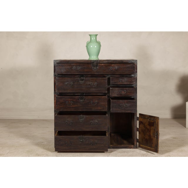 Wood Early Meiji Keyaki Sendai Isho-Dansu Chest with Iron Hardware and Storage For Sale - Image 7 of 12