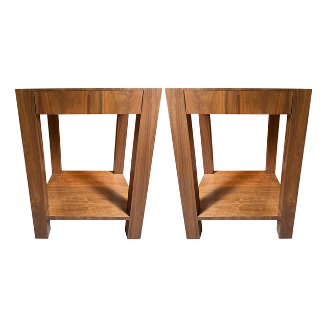 Custom Parsons Walnut Bedside Tables- A Pair For Sale
