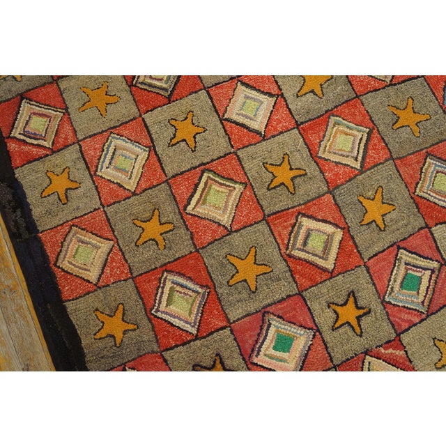 1920s Gray Red Geometric Folk Art Antique American Hooked Rug 6'8" X 7'5" Hand Knotted Wool Carpet For Sale - Image 9 of 15