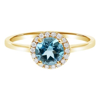10K Yellow Gold Blue Topaz and 1/10 Cttw Diamond Halo Ring, Size 6.5 For Sale