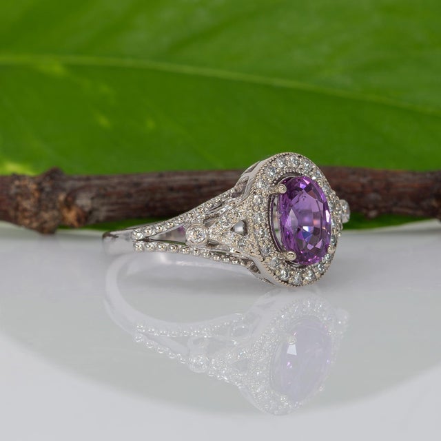 Pink 1.6Ct Purple Sapphire Ring With Natural Diamond Halo: Solid 14k Gold, Size 6.75 For Sale - Image 8 of 11