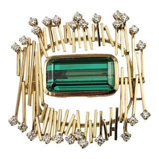 Mid 20th Century 18 Karat Yellow Gold Tourmaline and Diamond Brooch/Pendant For Sale