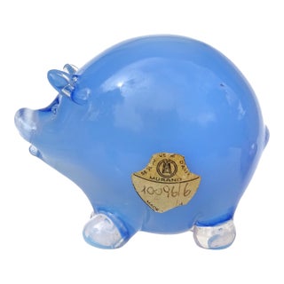 Vintge Murano Seguso Vetri d'Arte Opal Sky Blue Italian Art Glass Pig Figurine Sculpture With Origial Label For Sale