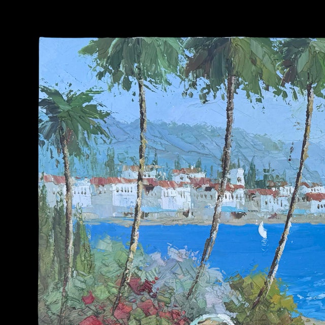 Vintage Mediterranean Seaside Signed Oil Painting of Italian Coastal Scene Original For Sale - Image 4 of 8