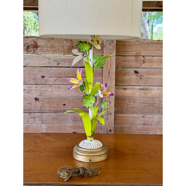 Vintage Italian Tole Floral Table Lamp With Hand-Painted Flowers For Sale - Image 4 of 11