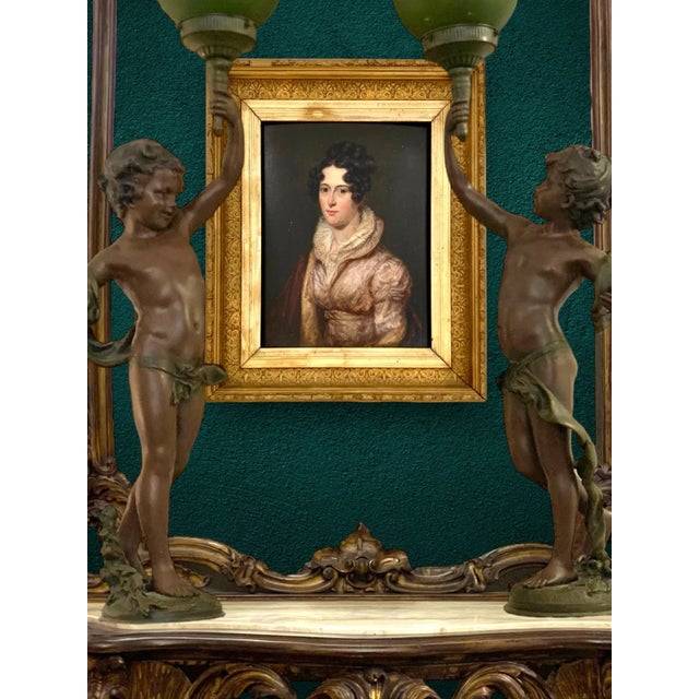 Antique Portrait Elgant Lady Fine Painting Oil on Board in Wooden Golden Frame For Sale - Image 9 of 9