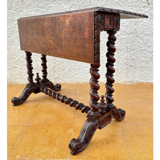1920s 1920s Spanish Baroque Revival Drop-Leaf Table With Carved Barley Twist Legs For Sale - Image 5 of 10