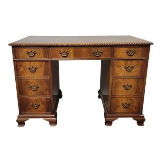 Vintage Light Flame Mahogany Double Pedestal American Desk With Leather Top For Sale