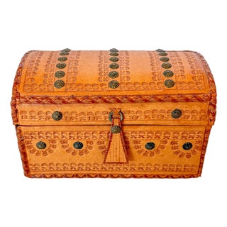 Vintage Embossed and Studded Leather Domed Box For Sale