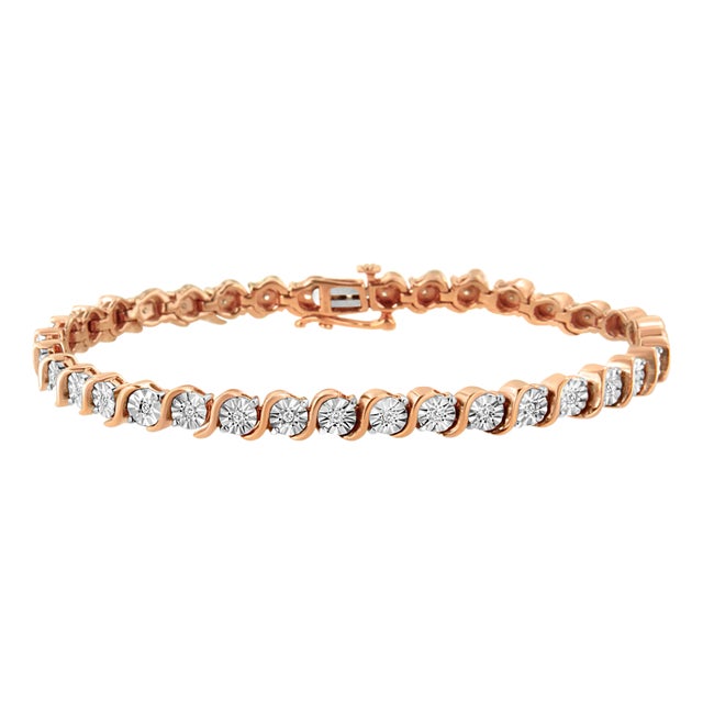 14K Rose Gold Plated .925 Sterling Silver 1/4 Cttw Diamond Round Miracle Plate and "S" Link Tennis Bracelet - 7" For Sale