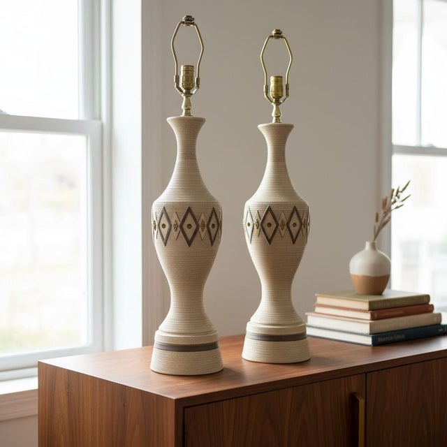 Vintage Mid Century Modern Chalkware Lamp Pair — Neutral Ribbed Texture For Sale - Image 13 of 13