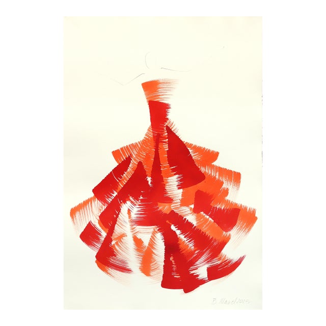 The Red Dress 8 - Abstract Flowy Minimalist Figurative Ink Painting on Paper by Bettina Mauel For Sale