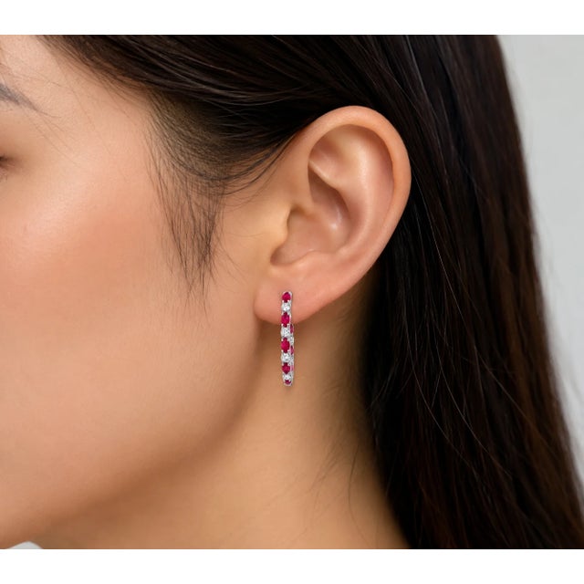 Modern Late 20th Century 14K White Gold Diamond Ruby Hoop Earrings, Pair For Sale - Image 3 of 3