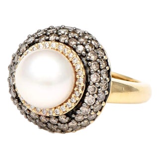 14KYW Cultured Akoya Pearl & White/Brown Diamond Ring, size 5 For Sale