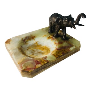 1930s Art Deco Onyx + Bronze Elephant Ashtray For Sale