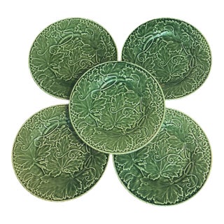 Bordallo Pinheiro Majolica Plates With Strawberry Leaf Motif - Set of Five For Sale