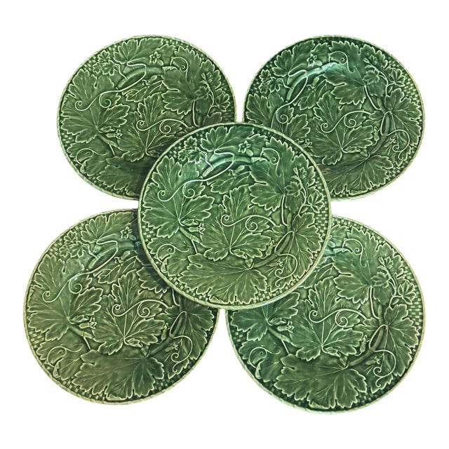 Bordallo Pinheiro Majolica Plates With Strawberry Leaf Motif - Set of Five For Sale