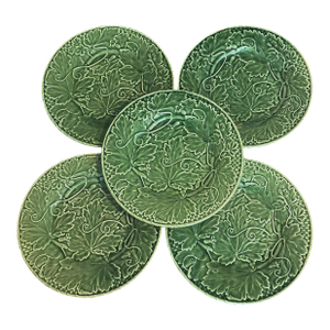 Bordallo Pinheiro Majolica Plates With Strawberry Leaf Motif - Set of Five
