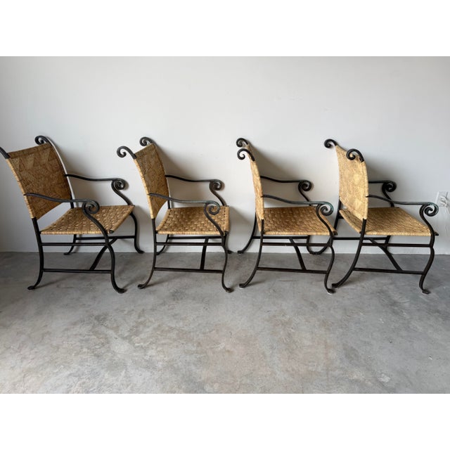 Organic Modern Hand-Wrought Iron & Woven Raffia Armchairs – Set of 4 For Sale - Image 13 of 13