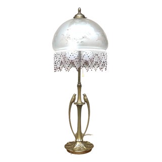 Brass 2-Light Table Lamp with Bird Figurine and Beaded Glass Shade, 1960s For Sale