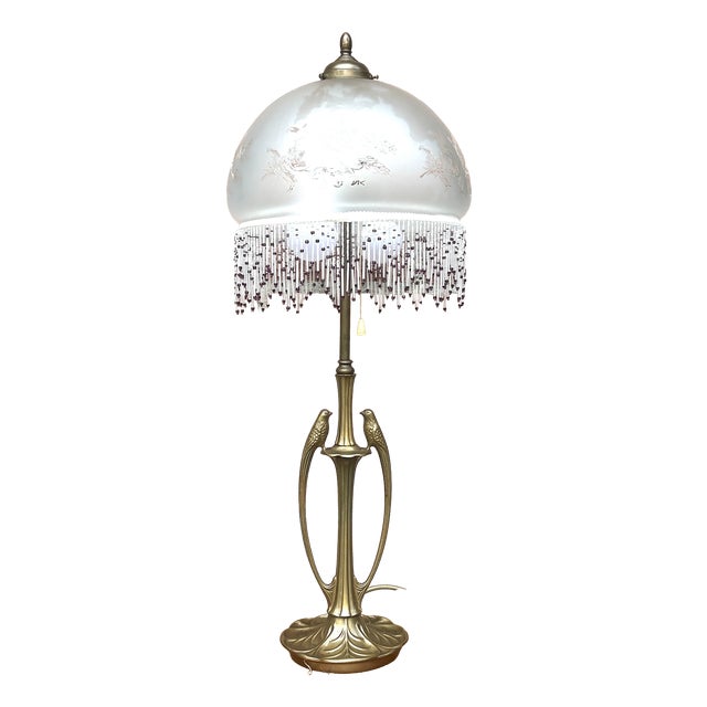 Brass 2-Light Table Lamp with Bird Figurine and Beaded Glass Shade, 1960s For Sale