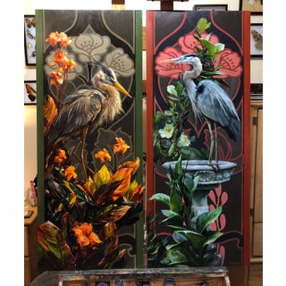 Apricity by Lindsey Kustusch | Oil on panel Painting of herons among flowers and foliage For Sale