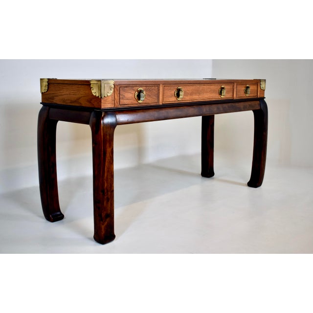 1970s Ming Campaign Style Burl-Wood Console Table For Sale - Image 5 of 11
