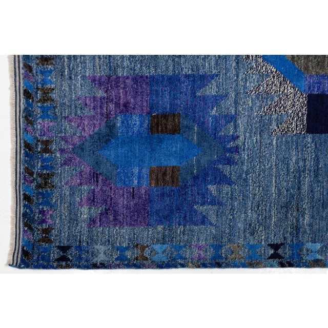 Modern Abstract Baluch Style Blue Wool Area Rug – Geometric Tribal Design 6x8 For Sale - Image 9 of 11