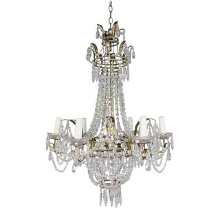 Six Light French Gilt Metal Crystal Beaded Chandelier, Circa 1900s For Sale