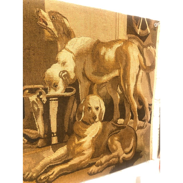 Recreated handwoven 100% wool tapestry fragment featuring three dogs at rest. Original designed by Jacob Jordaens, circa...