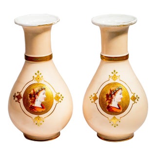 Lovely Pair Antique Hand Painted Victorian Porcelain Vases Neoclassical Portraits & Gilt Decoration Luxury Home Decor Art For Sale