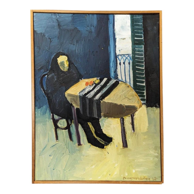 1962 Mid-Century Modern "The Lonely Diner" Vintage Swedish Figurative Oil Painting, Framed For Sale