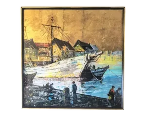 Harry Richards Original Painting Seascape Harbor Gold Leaf Gilt