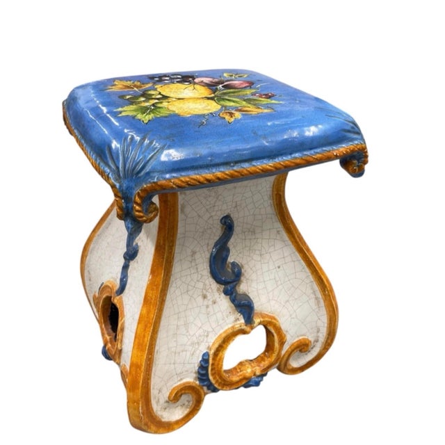 2000 - 2009 Vintage Italian Majolica Hand-Painted Ceramic Fruit Stool & Side Table For Sale - Image 5 of 12
