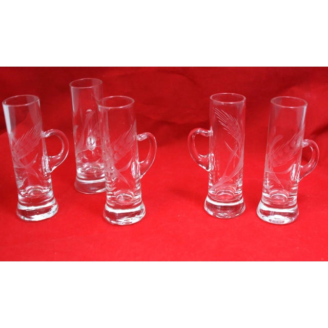 Glass Mid Century Hand Blown Crystal Etched Vodka Cordial Glasses With Applied Handles- Set of 5 For Sale - Image 7 of 12