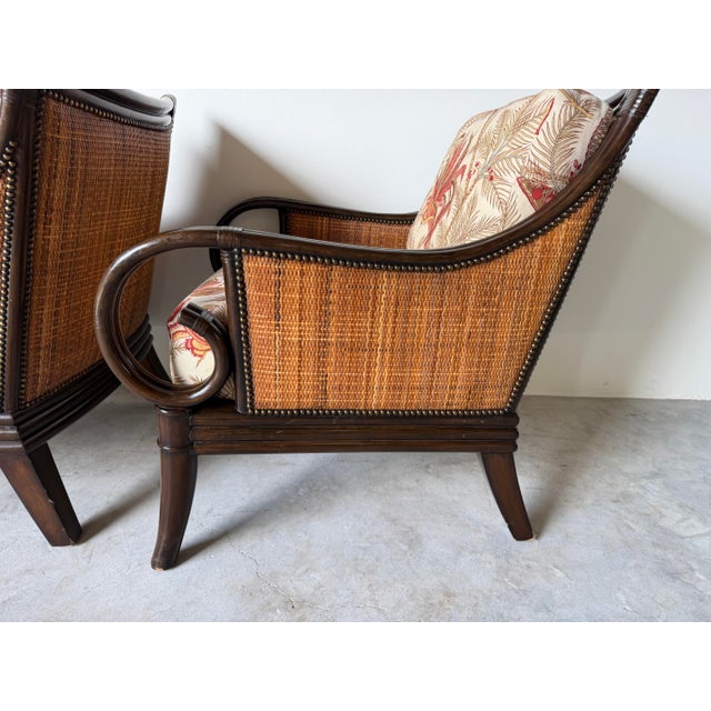 Palecek Coastal Organic Rattan & Cane Lounge Armchairs With Leather-Wrapped Details – Pair For Sale - Image 10 of 12